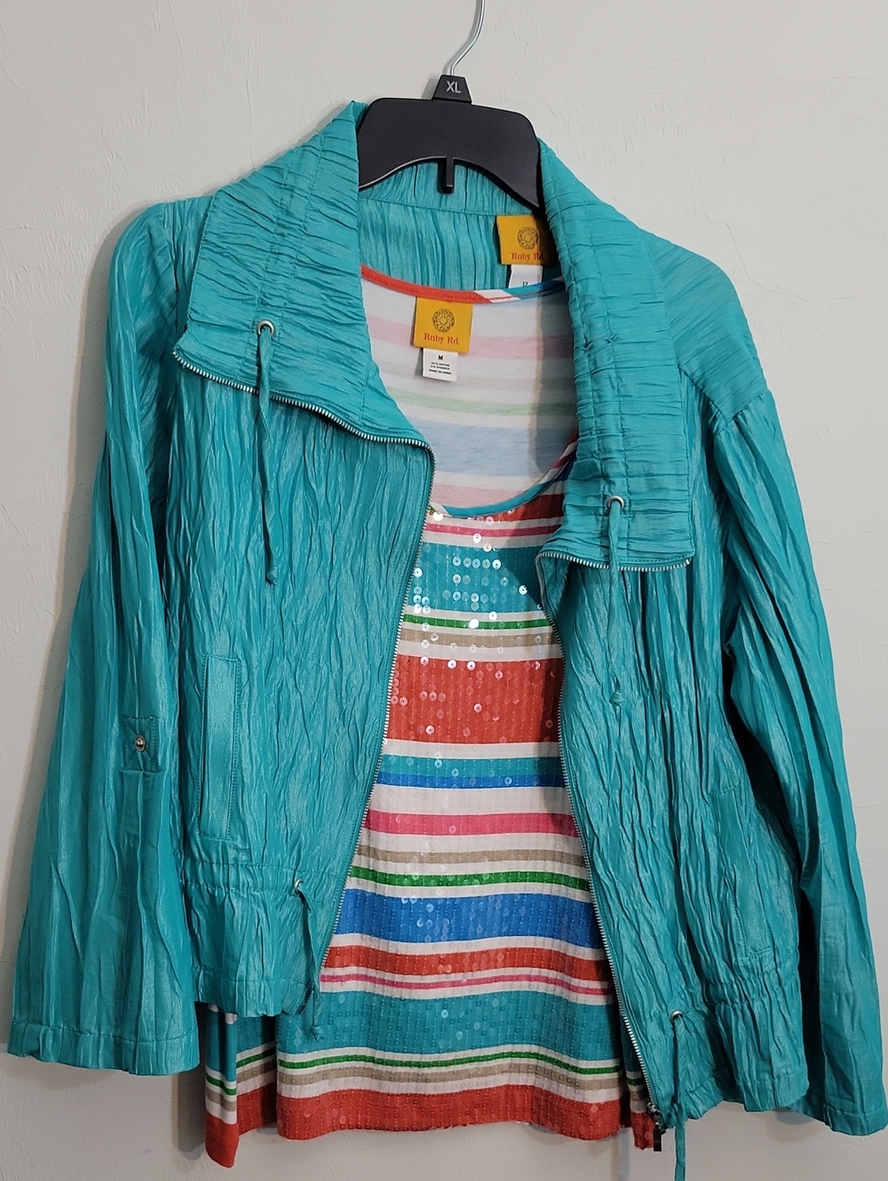 Ruby Rd. Teal Crinkle Zip-Front Utility Jacket